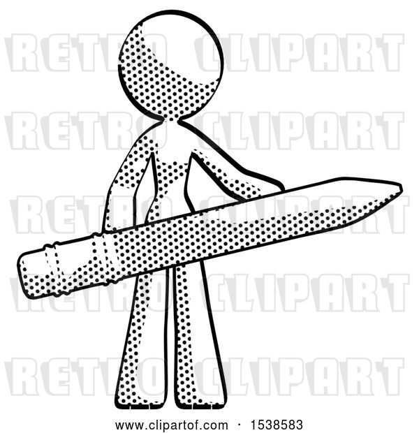 Clip Art of Retro Lady Office Worker or Writer Holding a Giant Pencil