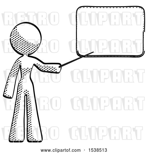 Clip Art of Retro Lady Pointing at Dry-erase Board with Stick Giving Presentation