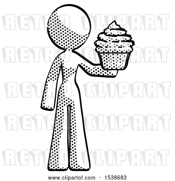 Clip Art of Retro Lady Presenting Pink Cupcake to Viewer