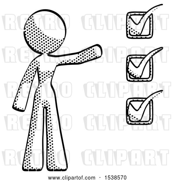 Clip Art of Retro Lady Standing by a Checkmark List Arm Extended
