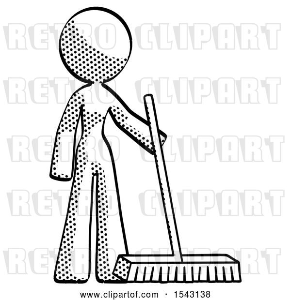 Clip Art of Retro Lady Standing with Industrial Broom