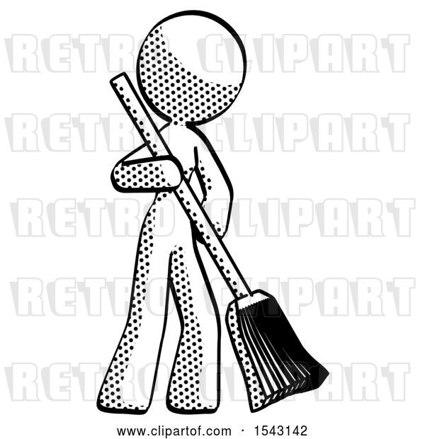 Clip Art of Retro Lady Sweeping Area with Broom