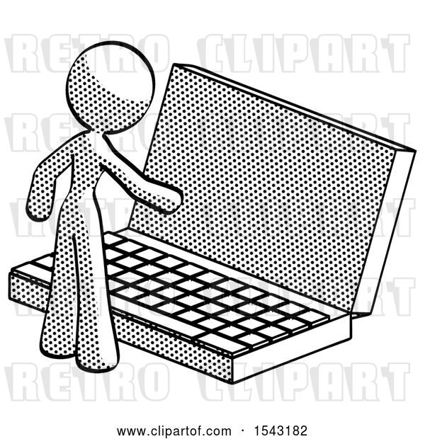 Clip Art of Retro Lady Using Large Laptop Computer
