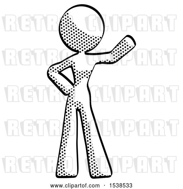 Clip Art of Retro Lady Waving Left Arm with Hand on Hip