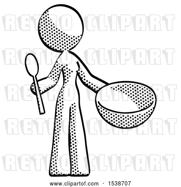 Clip Art of Retro Lady with Empty Bowl and Spoon Ready to Make Something