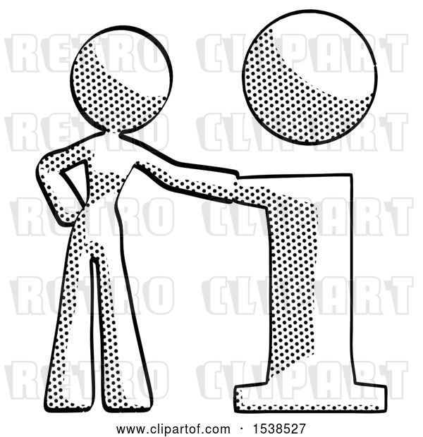 Clip Art of Retro Lady with Info Symbol Leaning up Against It