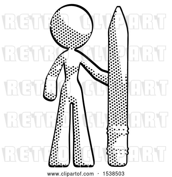 Clip Art of Retro Lady with Large Pencil Standing Ready to Write