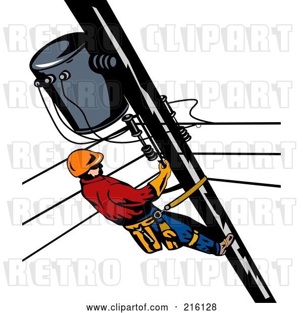 Clip Art of Retro Lineman on a Pole - 4