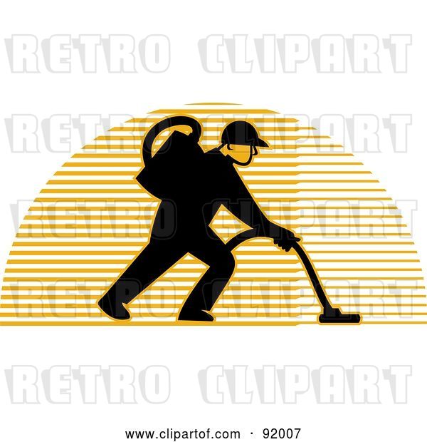 Clip Art of Retro Logo of a Carpet Cleaner Guy over a Lined Half Circle
