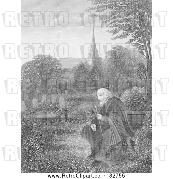 Clip Art of Retro Lone Old Man in a Cemetery near a Church, in Black and White