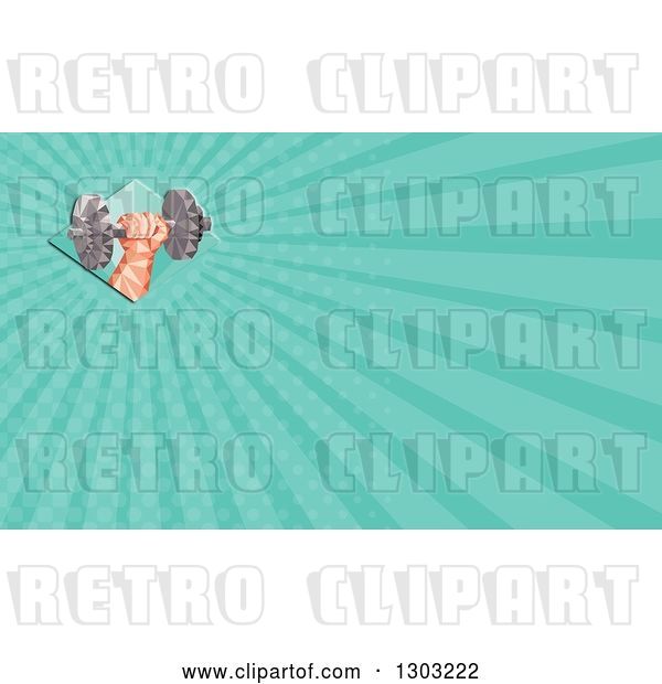 Clip Art of Retro Low Polygon Geometric Hand Holding up a Dumbbel and Turquoise Rays Background or Business Card Design
