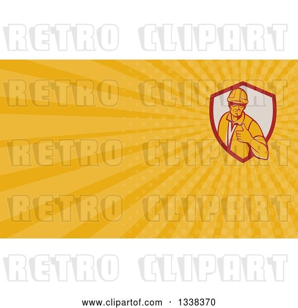 Clip Art of Retro Male Construction Worker Giving a Thumb up in a Shield and Yellow Rays Background or Business Card Design