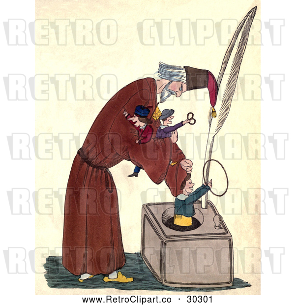 Clip Art of Retro Man Putting Toys in a Large Ink Well
