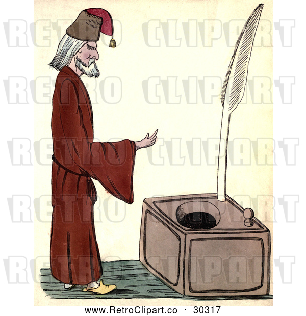 Clip Art of Retro Man Standing by a Large Ink Well