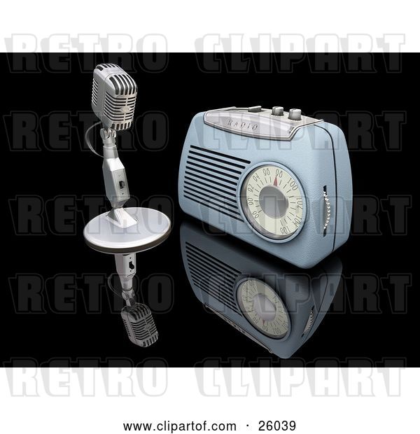 Clip Art of Retro Microphone and Blue Radio on a Reflective Black Surface