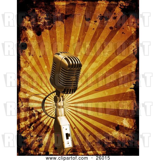 Clip Art of Retro Microphone over a Bursting Orange Background with Grunge Splatters