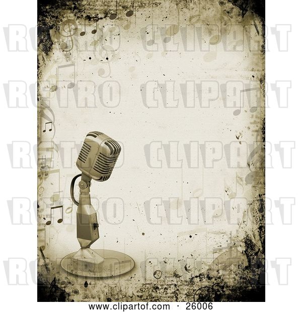 Clip Art of Retro Microphone over a Grunge Background Bordered by Music Notes