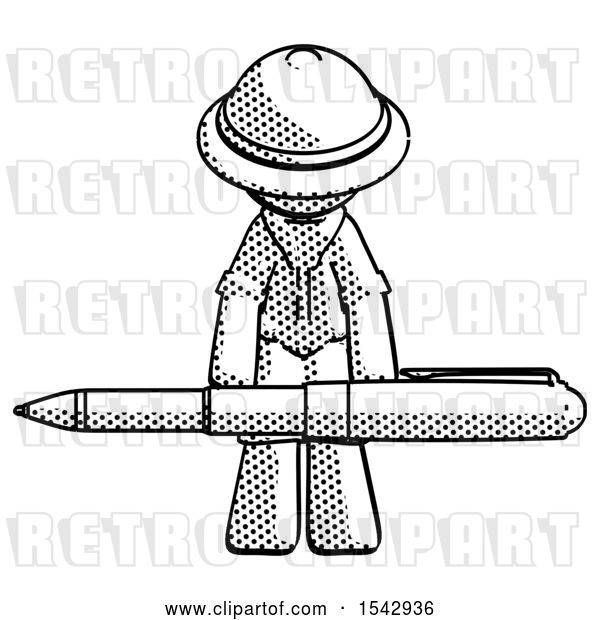 Clip Art of Retro Ranger Guy Weightlifting a Giant Pen
