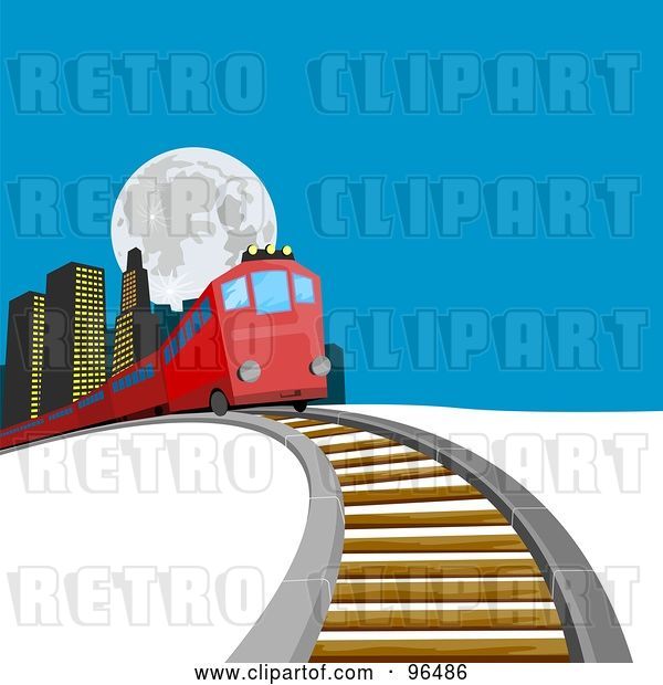 Clip Art of Retro Red Train Passing Buildings and Coming over a Hill