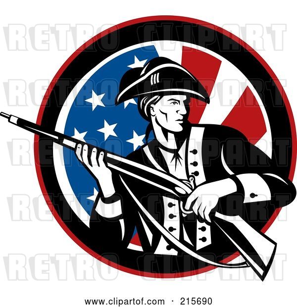 Clip Art of Retro Revolutionary War Soldier Holding a Rifle over an American Flag Circle