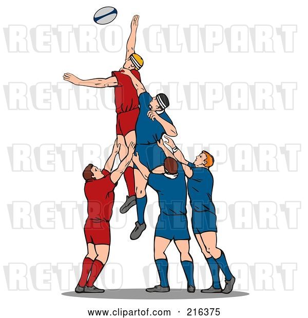 Clip Art of Retro Rugby Football Players in Action - 10
