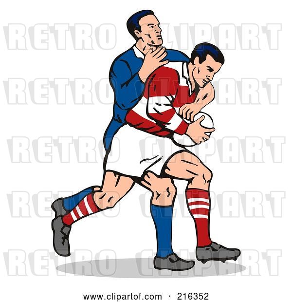 Clip Art of Retro Rugby Football Players in Action - 3