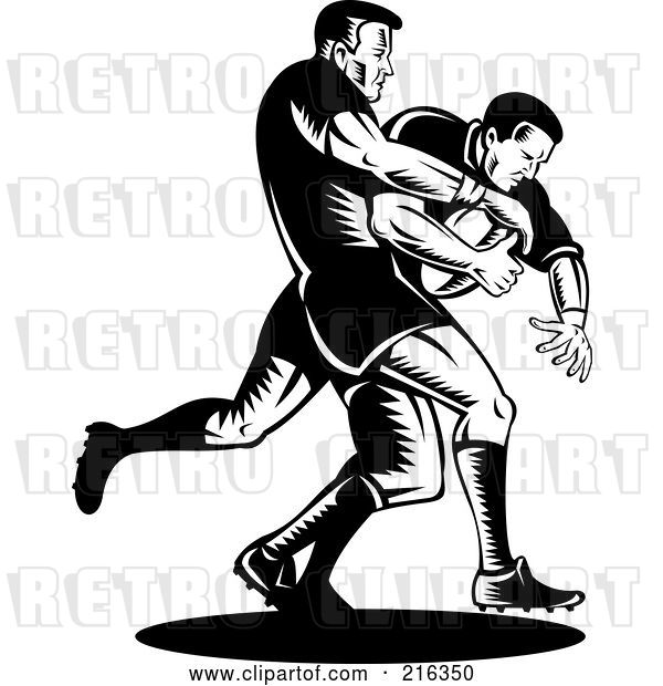 Clip Art of Retro Rugby Football Players in Action - 6