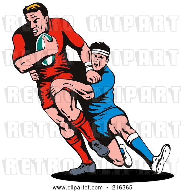 Clip Art of Retro Rugby Football Players in Action - 9