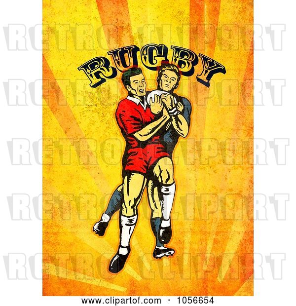 Clip Art of Retro Rugby Player Attacking, on Orange Grunge with Text
