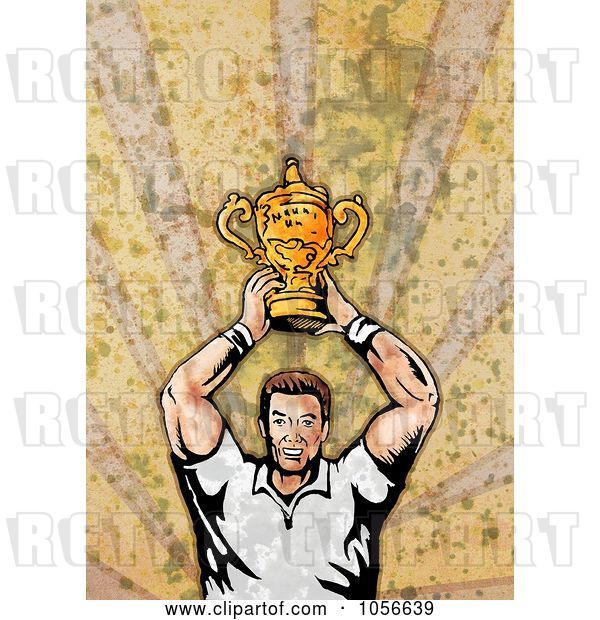 Clip Art of Retro Rugby Player Holding a Trophy, on Grunge