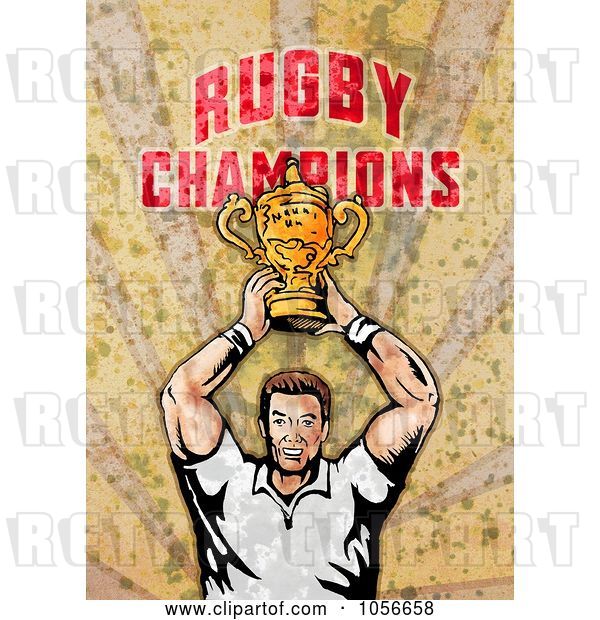 Clip Art of Retro Rugby Player Holding a Trophy, on Grunge with Rugby Champions Text