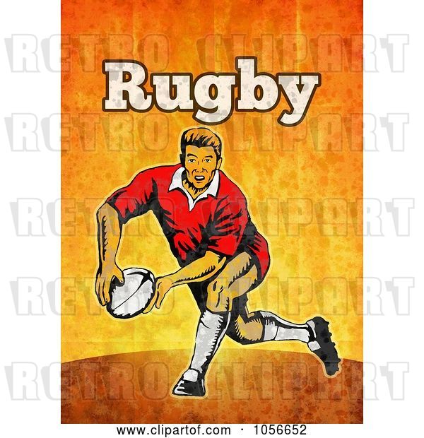 Clip Art of Retro Rugby Player Passing, on Orange Grunge with Text