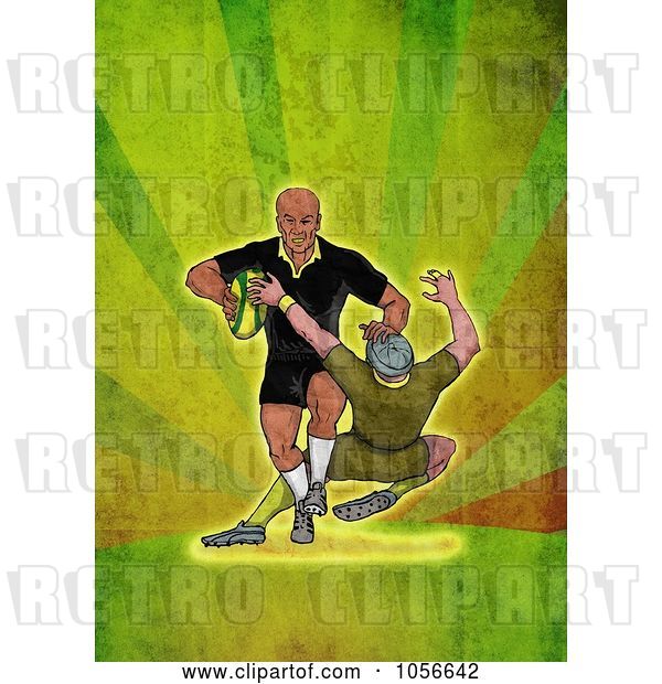 Clip Art of Retro Rugby Player Tackling, on Green Grunge