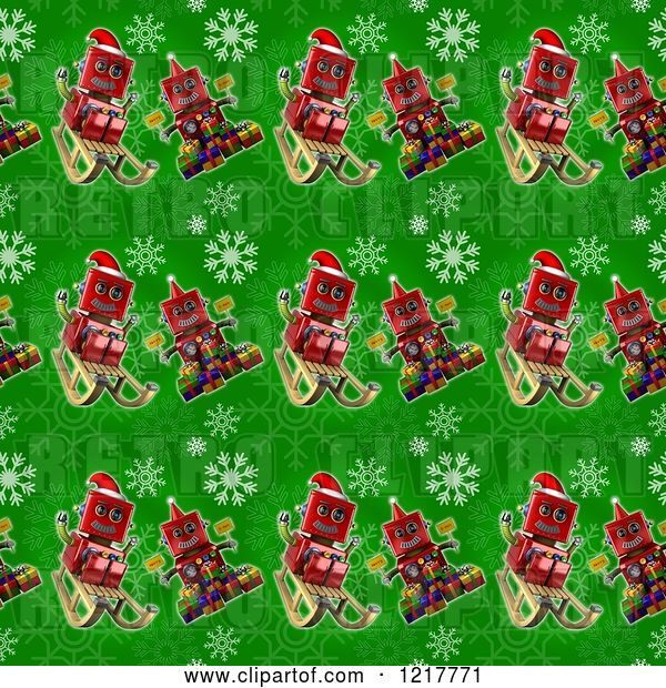 Clip Art of Retro Seamless Background of Robots on Green with Snowflakes