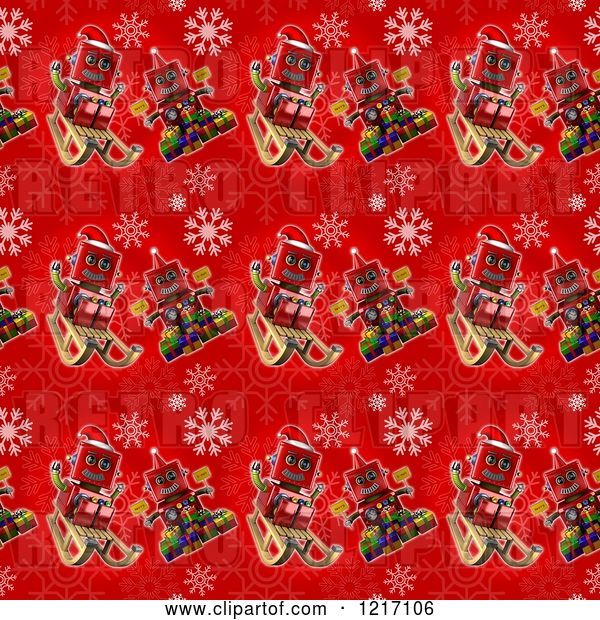Clip Art of Retro Seamless Background of Robots on Red with Snowflakes