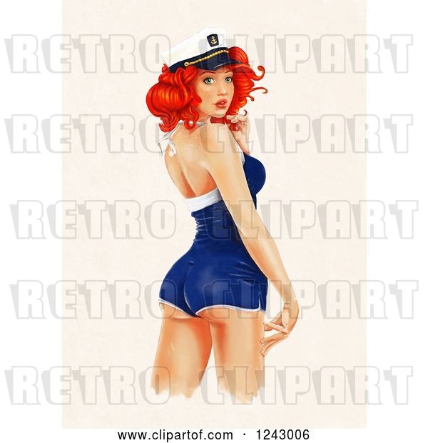 Clip Art of Retro Sexy Red Haired Sailor Girl Pinup Looking Back over Beige