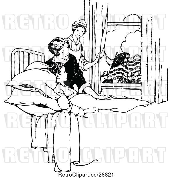 Clip Art of Retro Sick Boy Watching a Parade from Bed