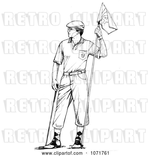 Clip Art of Retro Sketched Male Golfer Holding a Flag