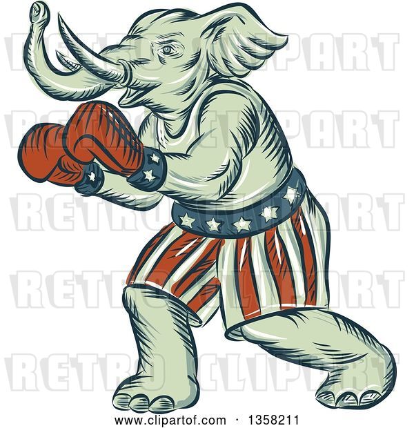 Clip Art of Retro Sketched or Engraved Political Elephant Boxer