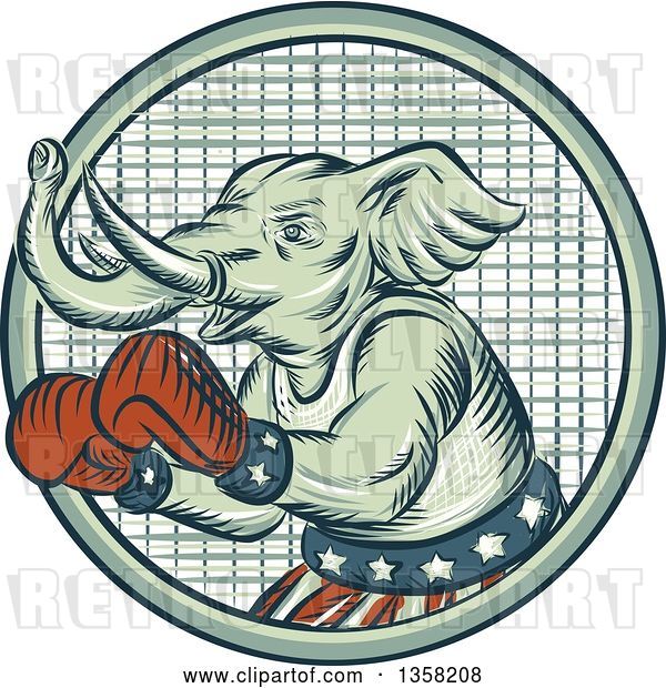 Clip Art of Retro Sketched or Engraved Political Elephant Boxer in a Circle