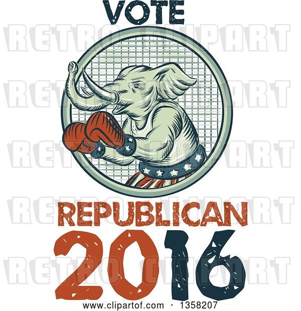 Clip Art of Retro Sketched or Engraved Political Elephant Boxer with Vote Republican 2016 Text