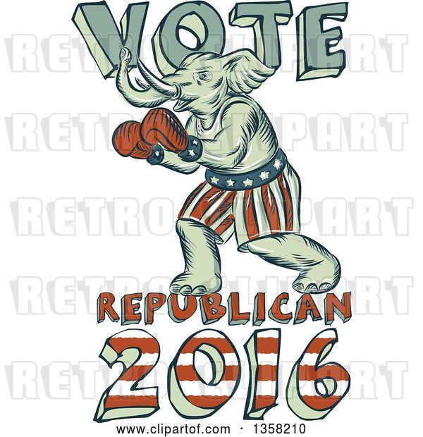 Clip Art of Retro Sketched or Engraved Political Elephant Boxer with Vote Republican 2016 Text