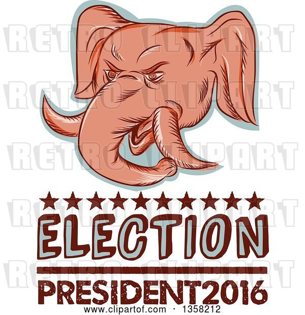 Clip Art of Retro Sketched or Engraved Political Elephant Head with Election President 2016 Text
