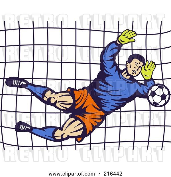 Clip Art of Retro Soccer Goalie Blocking a Ball