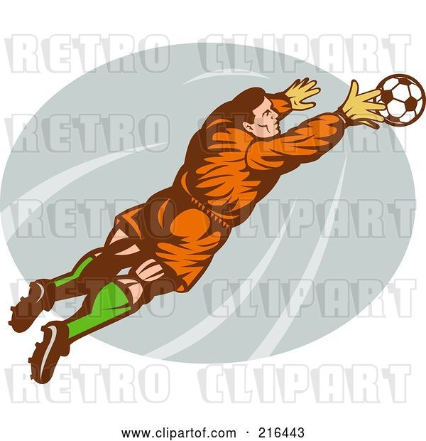 Clip Art of Retro Soccer Goalie Leaping Towards a Ball