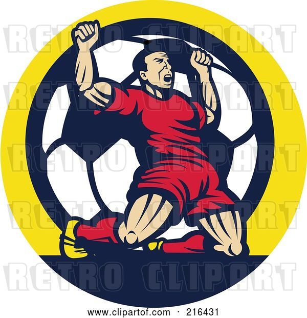 Clip Art of Retro Soccer Player Celebrating Victory in Front of a Soccer Ball