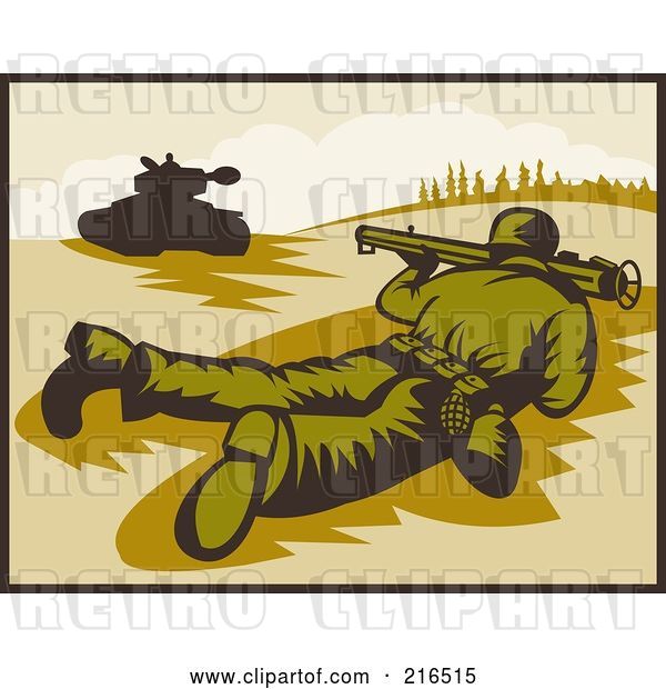Clip Art of Retro Soldier on the Ground, Pointing a Bazooka at a Tank