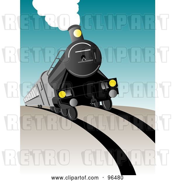 Clip Art of Retro Steam Engine Moving Forward and Coming over a Hill