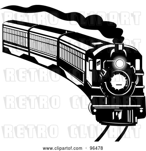 Clip Art of Retro Steam Train Coming Around a Curve
