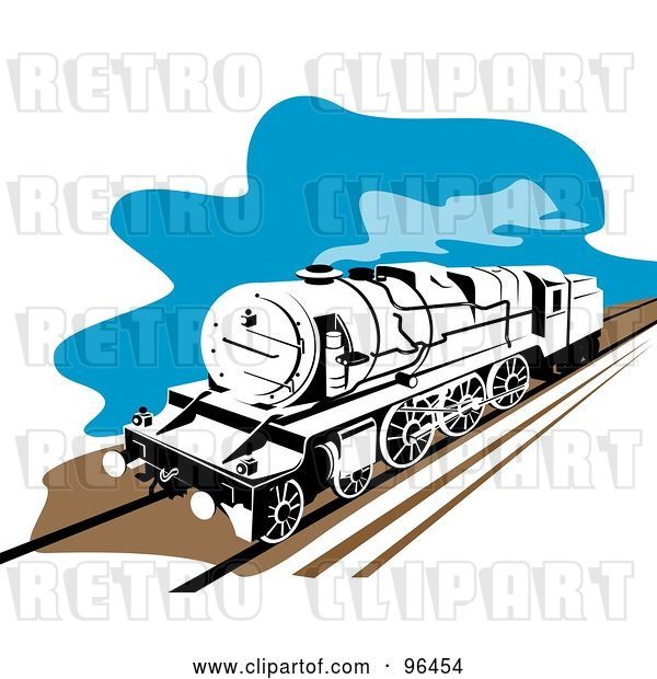 Clip Art of Retro Steam Train Moving Along a Track
